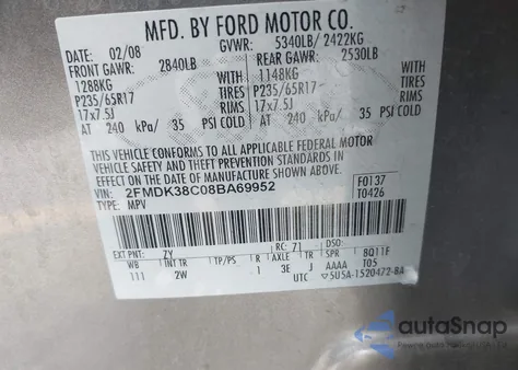 2008 Ford Edge Sel z USA, uszkodzony, nr VIN 2FMDK38C08BA69952